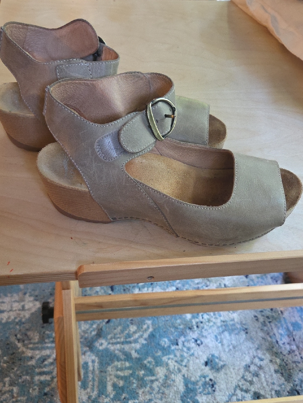 Dansko Taupe Suede Wedge Sandals with Buckle